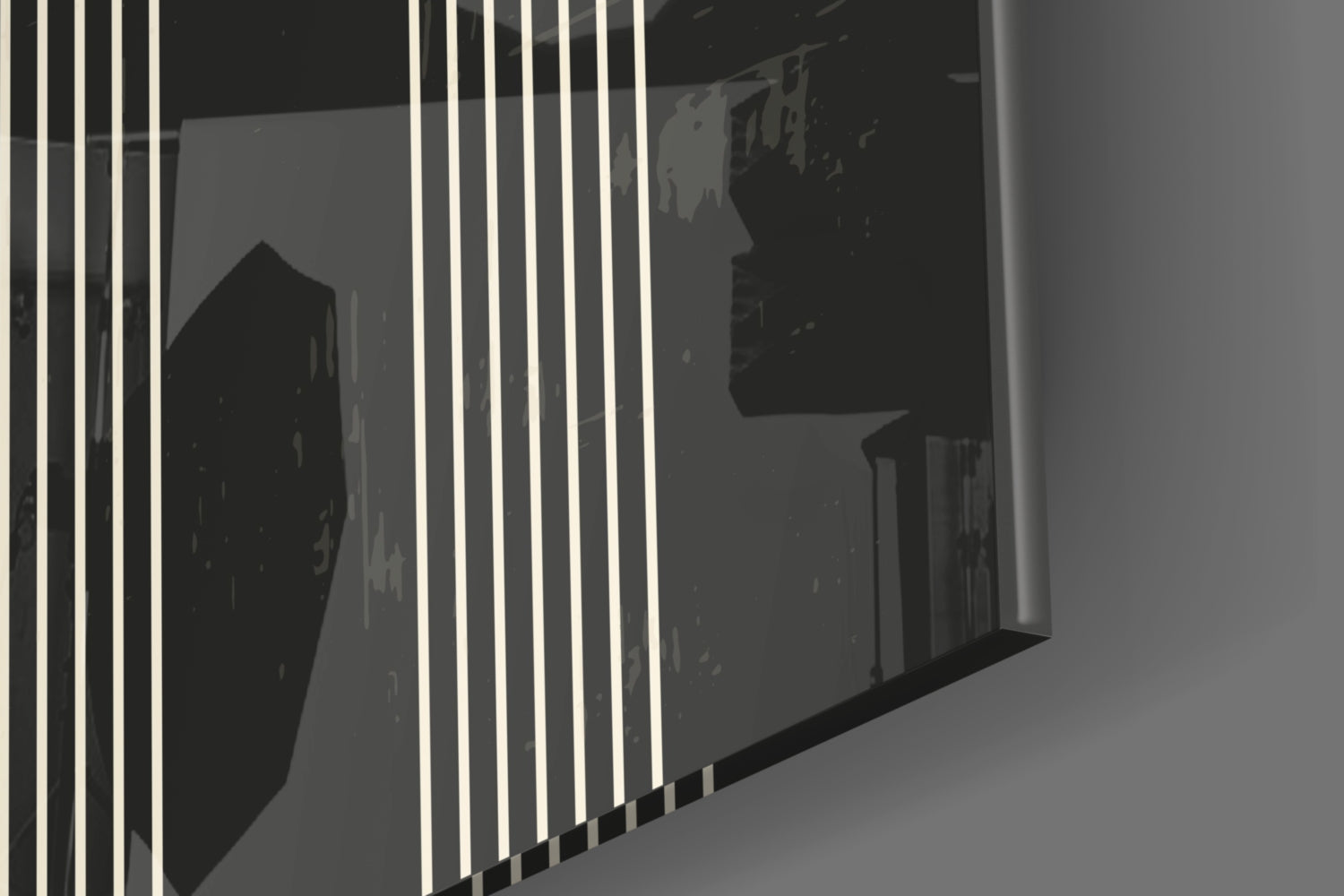Three Dots Glass Wall Art displaying vertical white lines on dark panels, angled perspective view showing depth and glass surface reflection.
