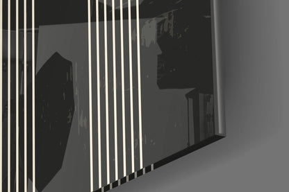 Three Dots Glass Wall Art displaying vertical white lines on dark panels, angled perspective view showing depth and glass surface reflection.