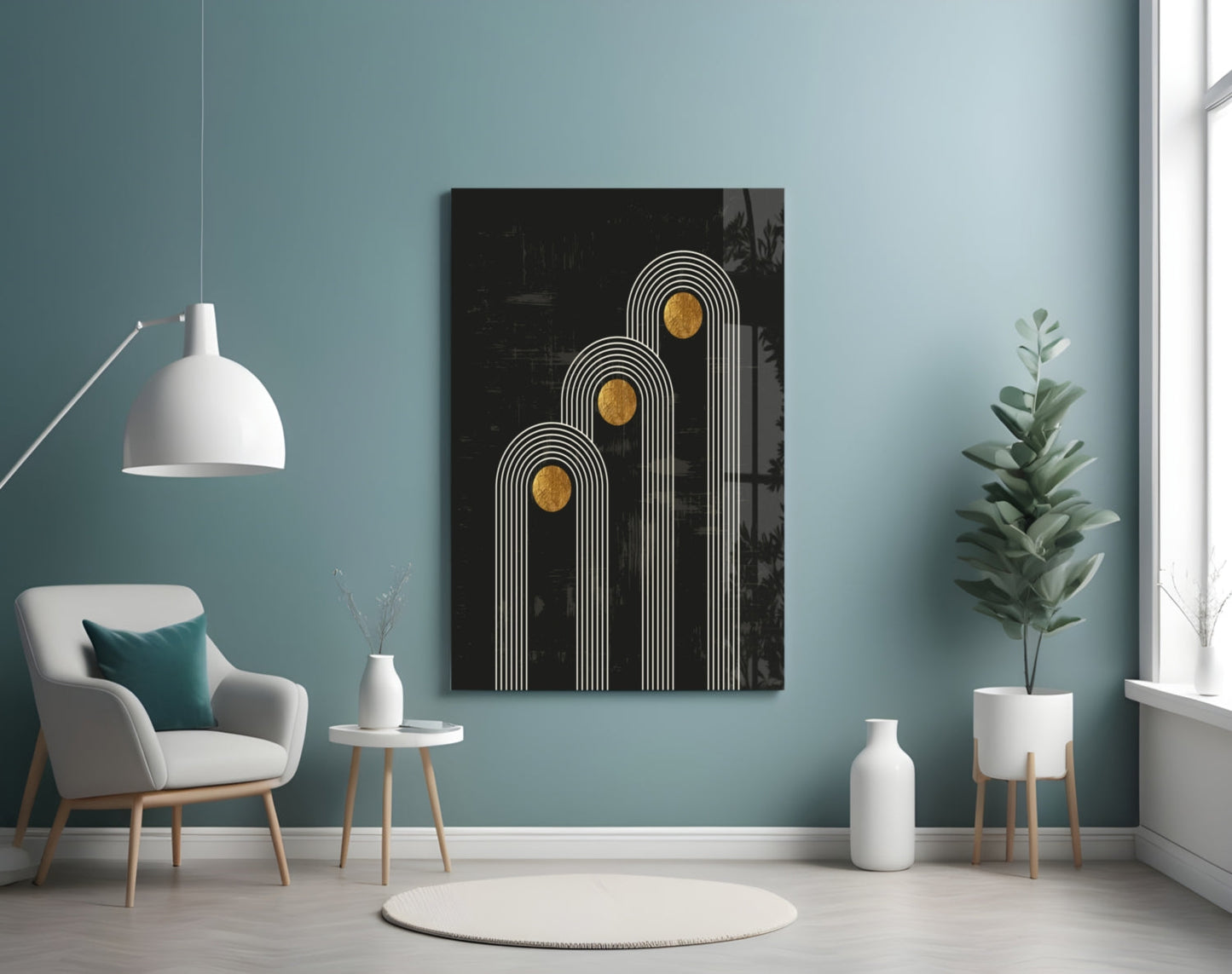 Modern living room featuring Three Dots Glass Wall Art with white linear arches and gold circular elements on black background.