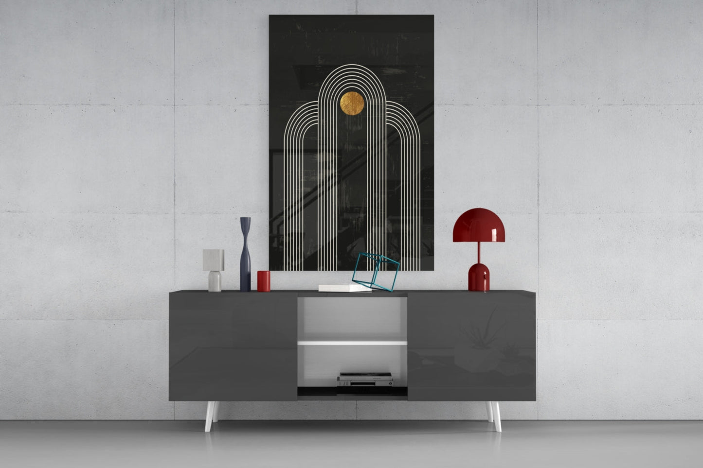 Black glass wall art featuring white concentric arch lines with a gold circle at center, displayed above a gray media console in a modern interior setting.