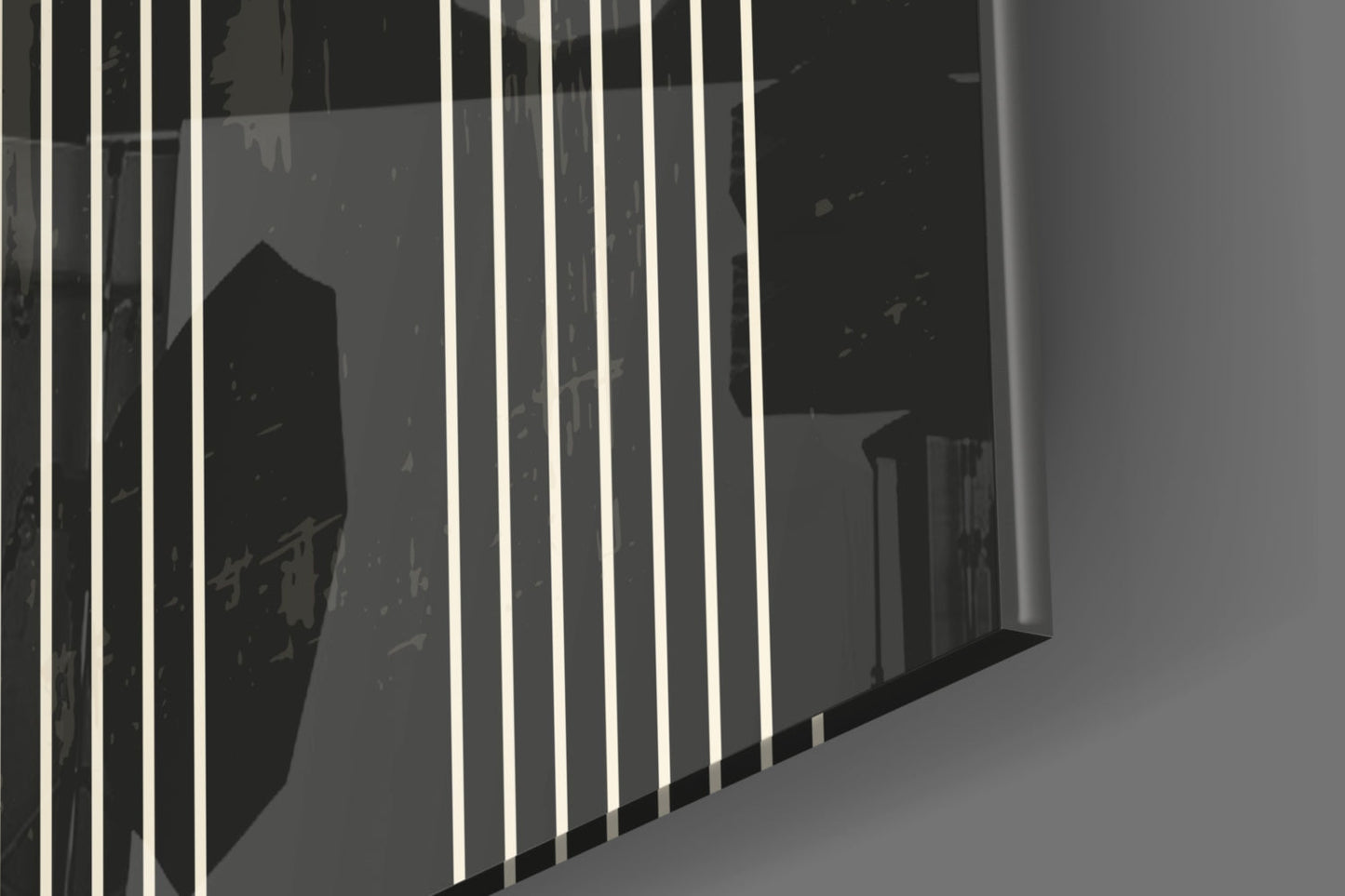Close-up angled view of glass wall art featuring vertical white neon lines on dark mirrored surface with geometric reflection.