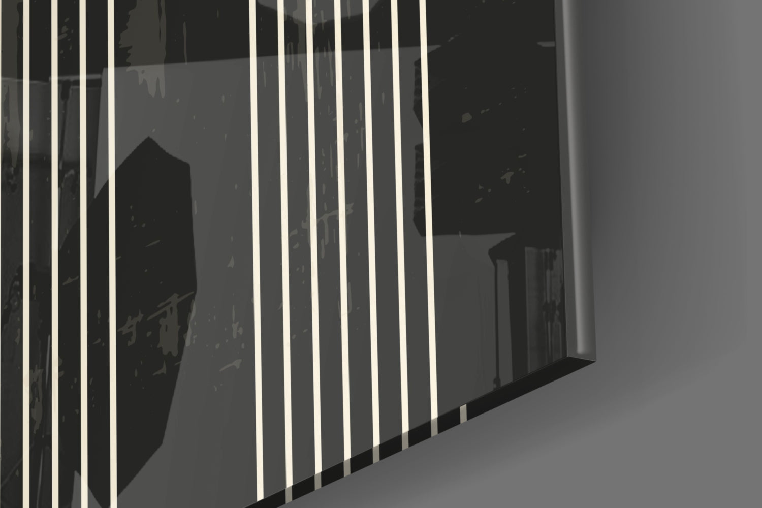 Close-up angled view of glass wall art featuring vertical white neon lines on dark mirrored surface with geometric reflection.