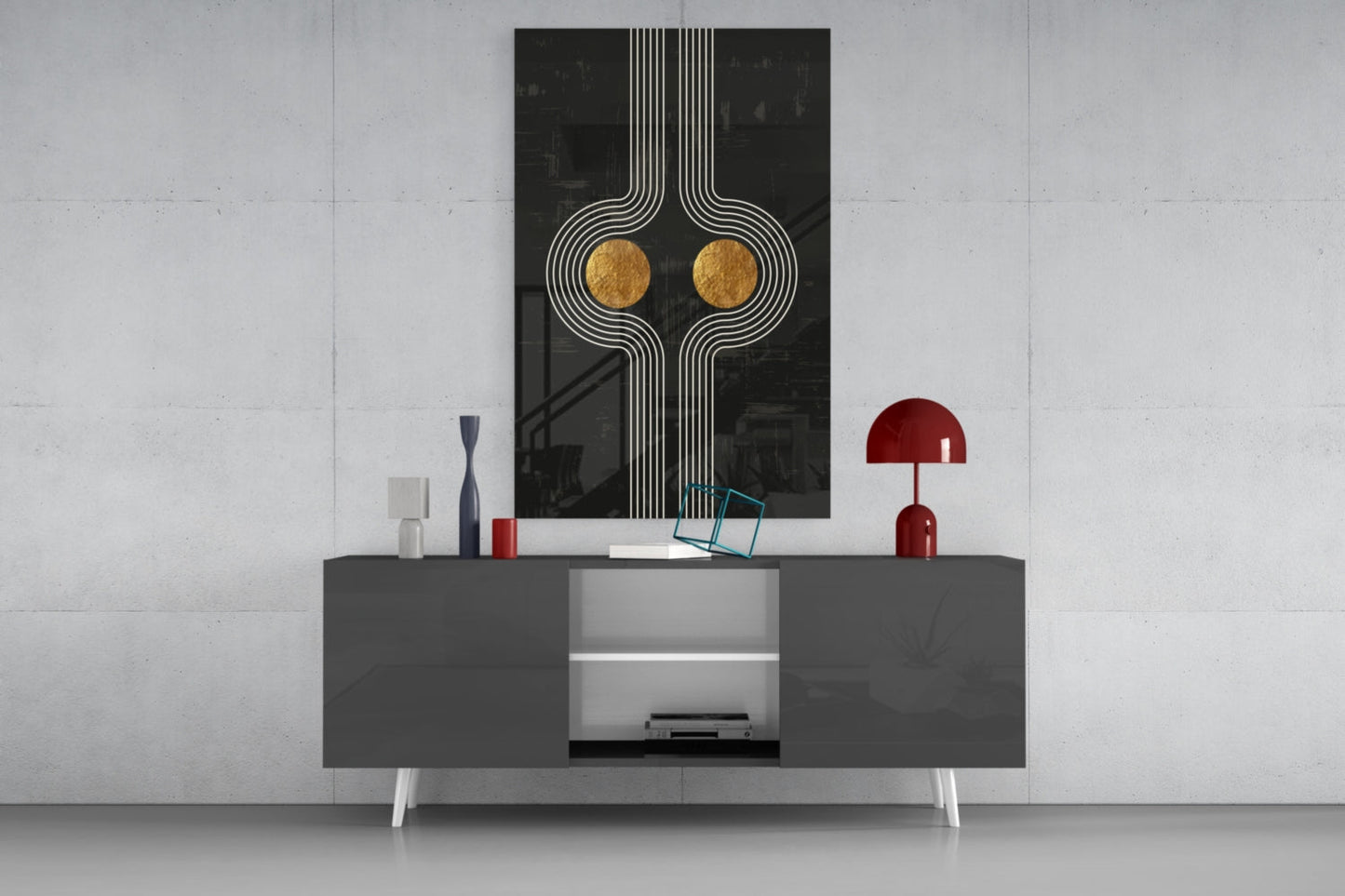 Two Dots Glass Wall Art with gold circles and white linear pattern displayed above gray media console in modern interior setting.
