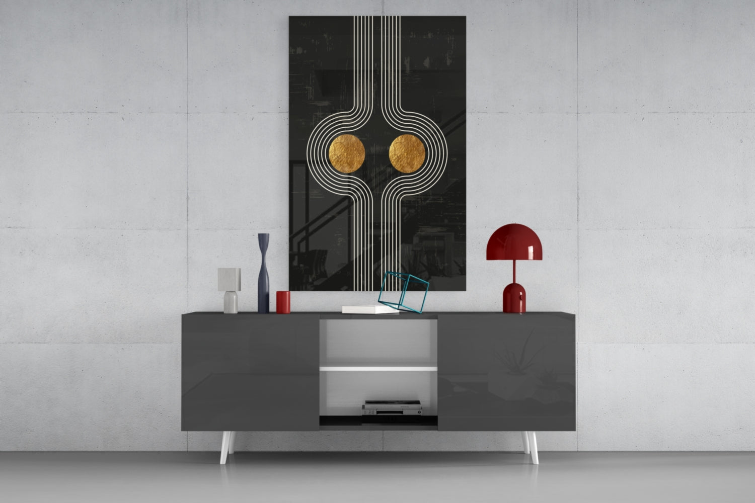 Two Dots Glass Wall Art with gold circles and white linear pattern displayed above gray media console in modern interior setting.