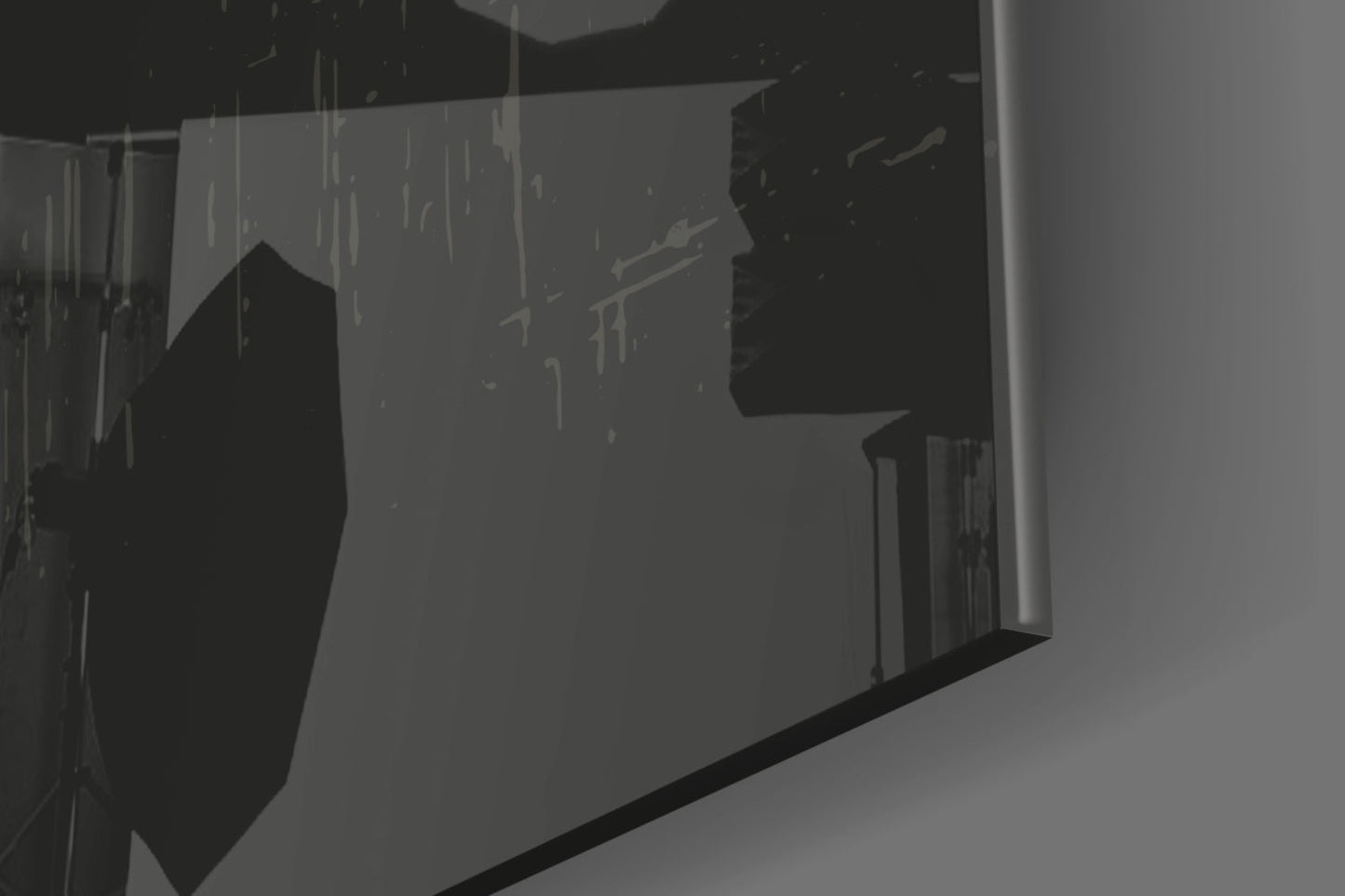 Close-up angled view of frosted glass wall art with black silhouettes and dripping paint effect against white background.