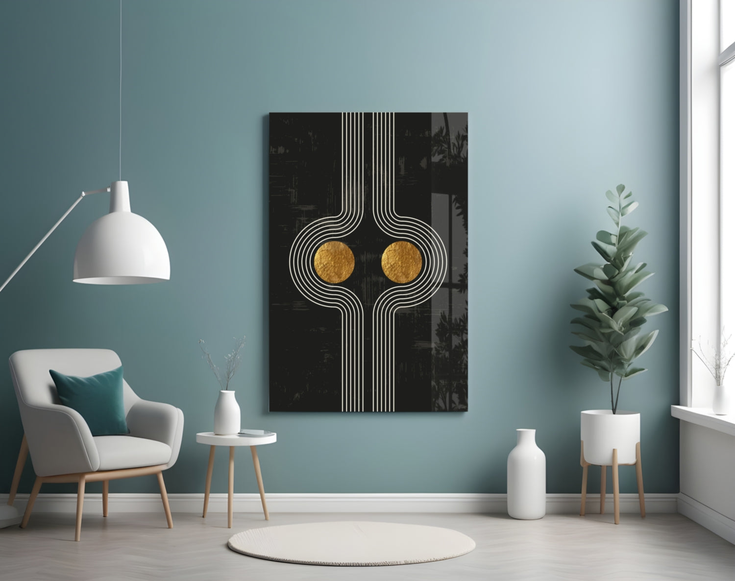 Modern living room featuring black and gold geometric wall art with white linear patterns and gold circular accents centered on turquoise wall.
