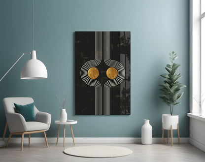 Modern living room featuring black and gold geometric wall art with white linear patterns and gold circular accents centered on turquoise wall.