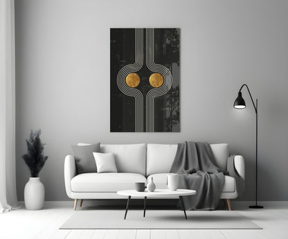 Modern living room with white sofa displaying black and gold geometric wall art with vertical lines and two gold circles above coffee table.