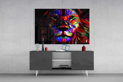 Vivid Neon Pop Art Lion Glass Wall Art