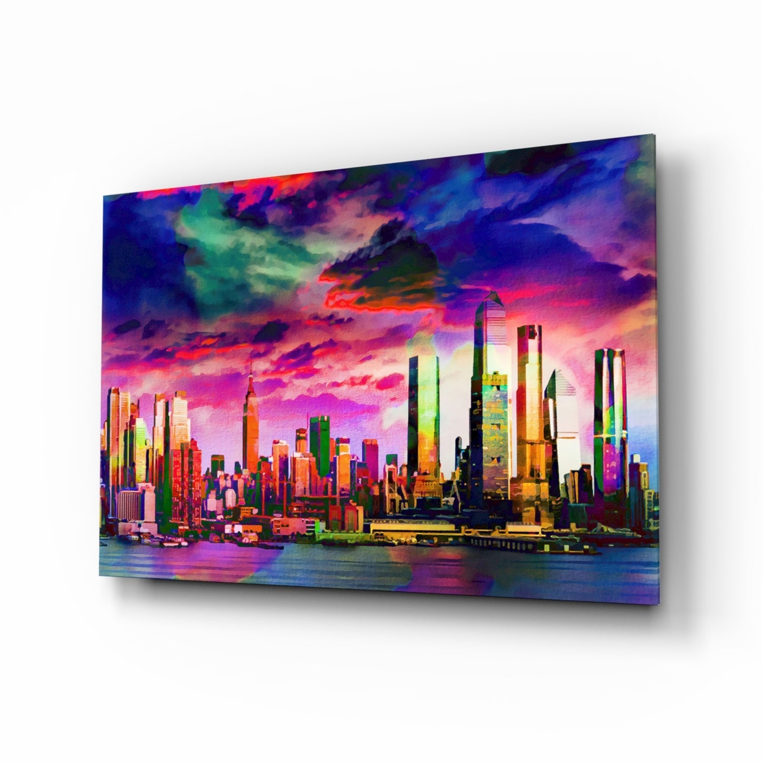 Vibrant glass wall art panel displaying a neon-colored cityscape with purple and pink sunset sky, viewed at an angle showing depth and shadow.