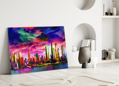 Vibrant neon cityscape glass art leaning against white wall in minimalist interior setting.