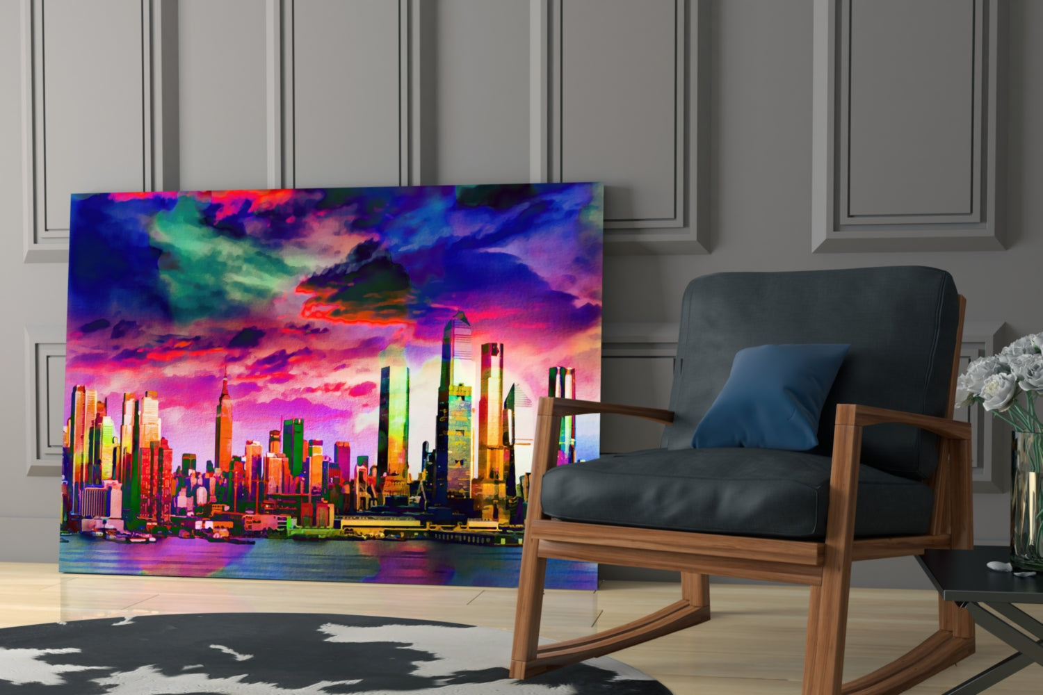 Vibrant neon cityscape glass art leaning against wall beside wooden chair in modern room.