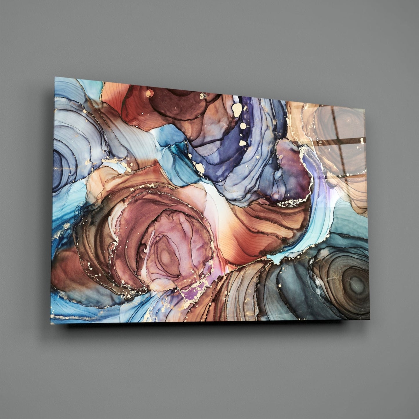 Swirled Copper And Blue Ink Marble Glass Wall Art