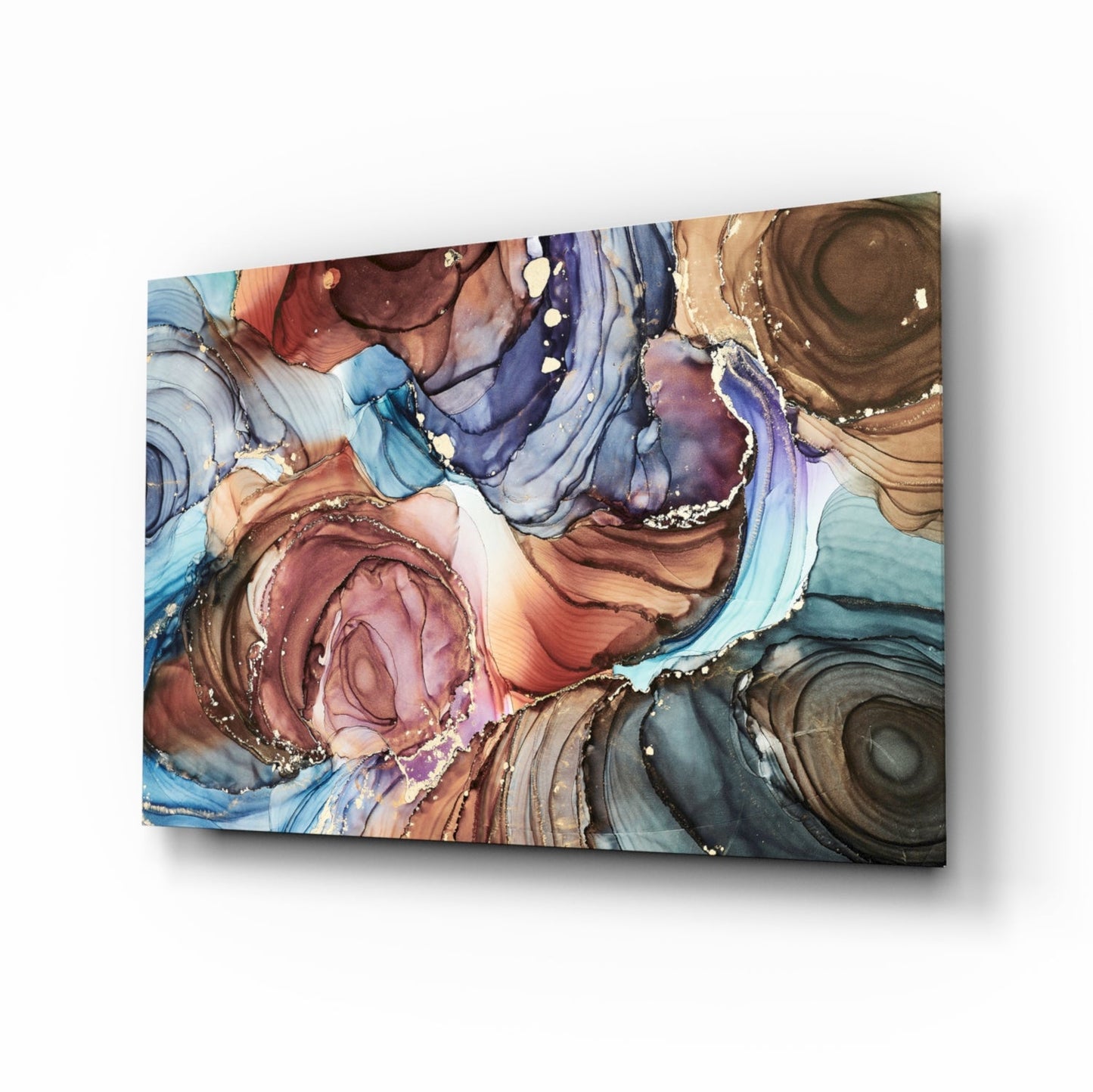 Swirled Copper And Blue Ink Marble Glass Wall Art