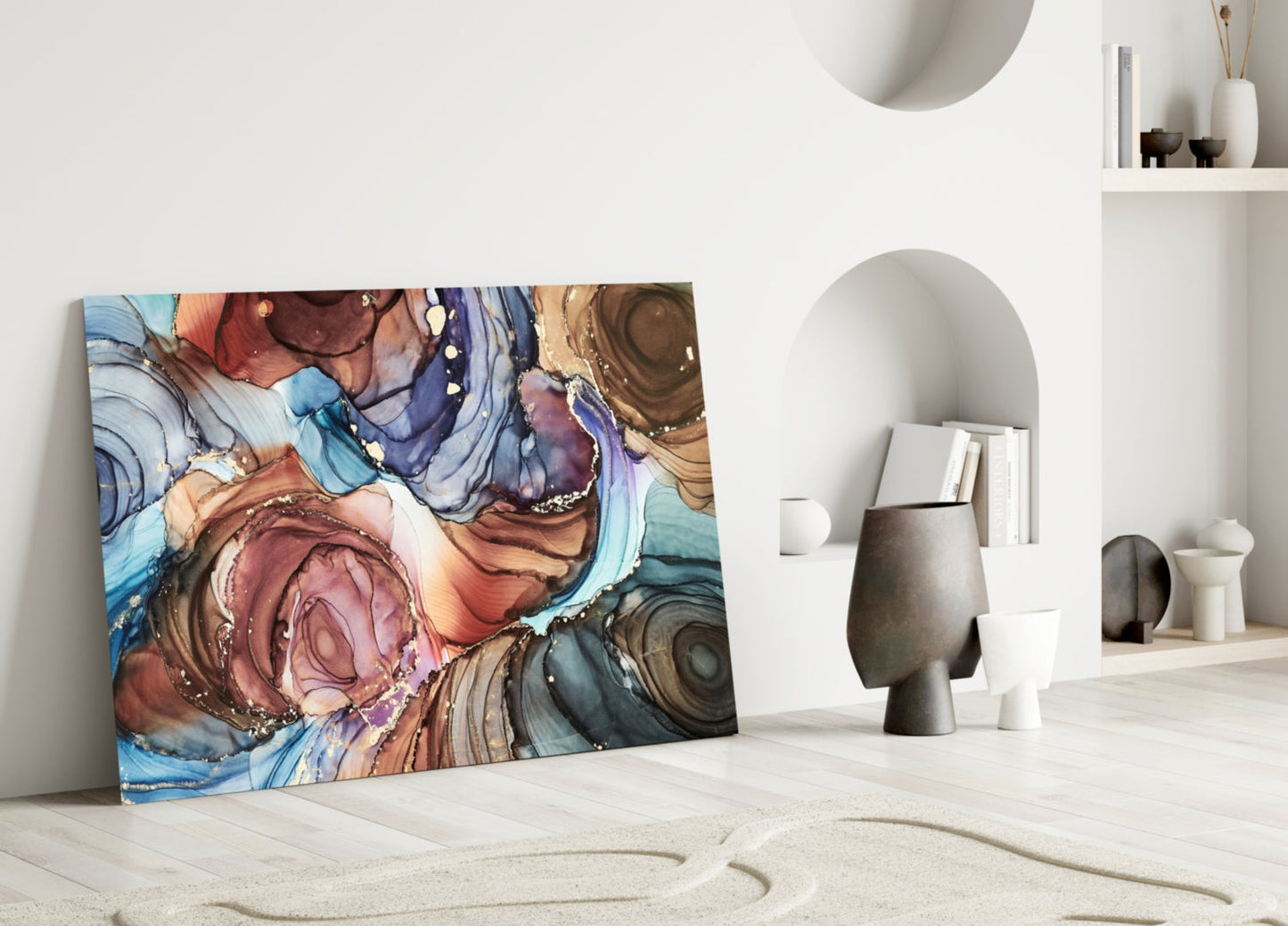 Swirled Copper And Blue Ink Marble Glass Wall Art