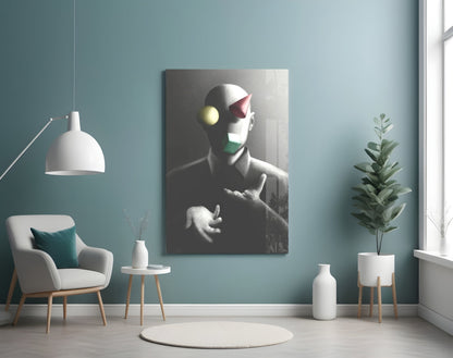Juggler Glass Wall Art displayed on turquoise wall above chair, showing stylized figure with yellow sphere and geometric colored features.