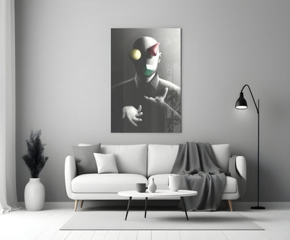 Juggler Glass Wall Art displayed above a white sofa in a minimalist living room setting with monochromatic decor.
