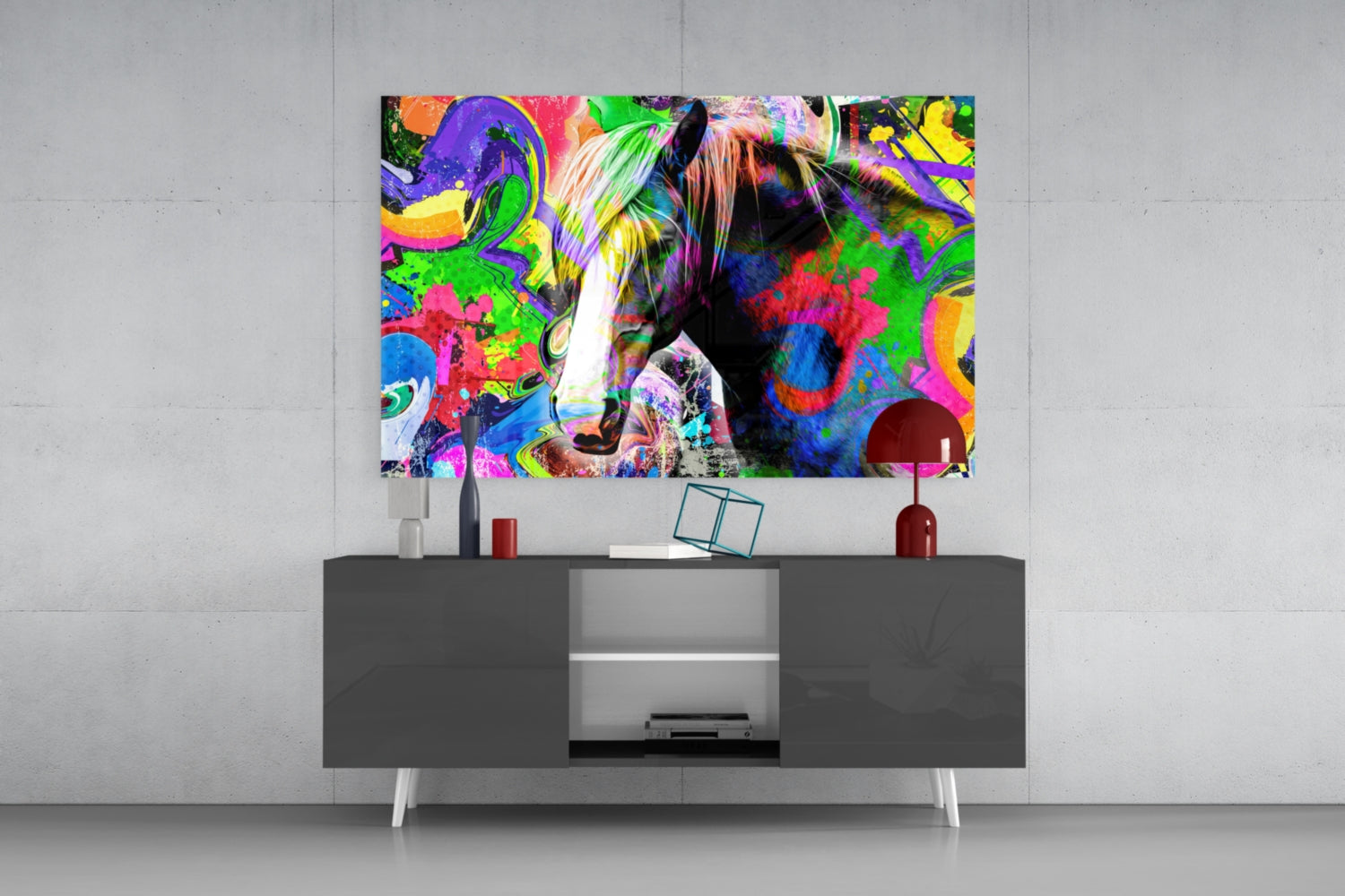 Vibrant multicolored horse glass wall art mounted above gray media console in contemporary room setting.