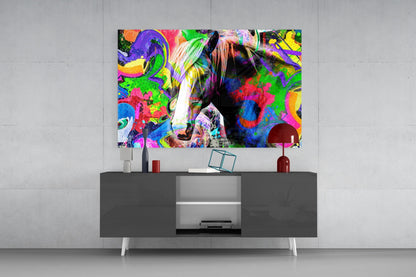 Vibrant multicolored horse glass wall art mounted above gray media console in contemporary room setting.