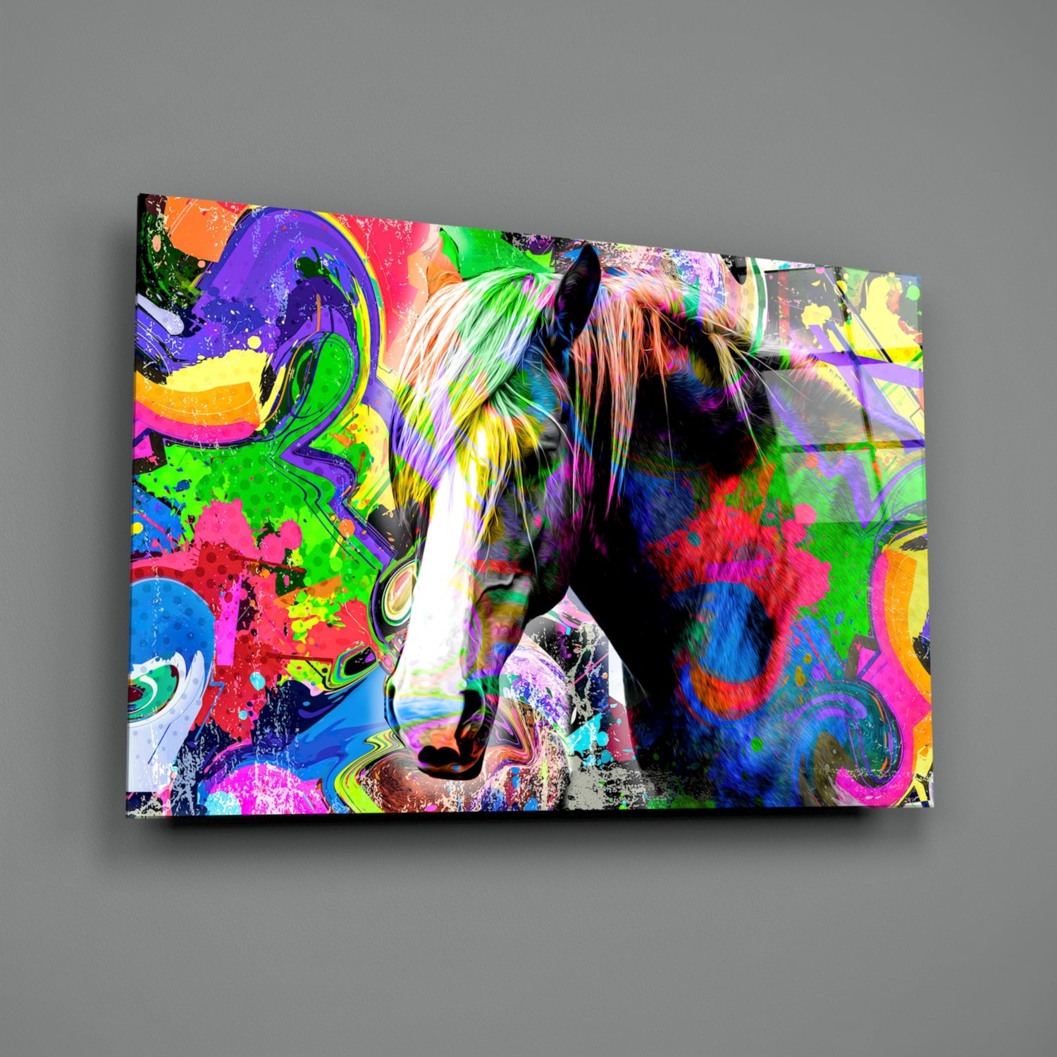 Colorful glass wall art featuring a horse's head in profile against vibrant abstract background with neon colors and splattered paint effects.
