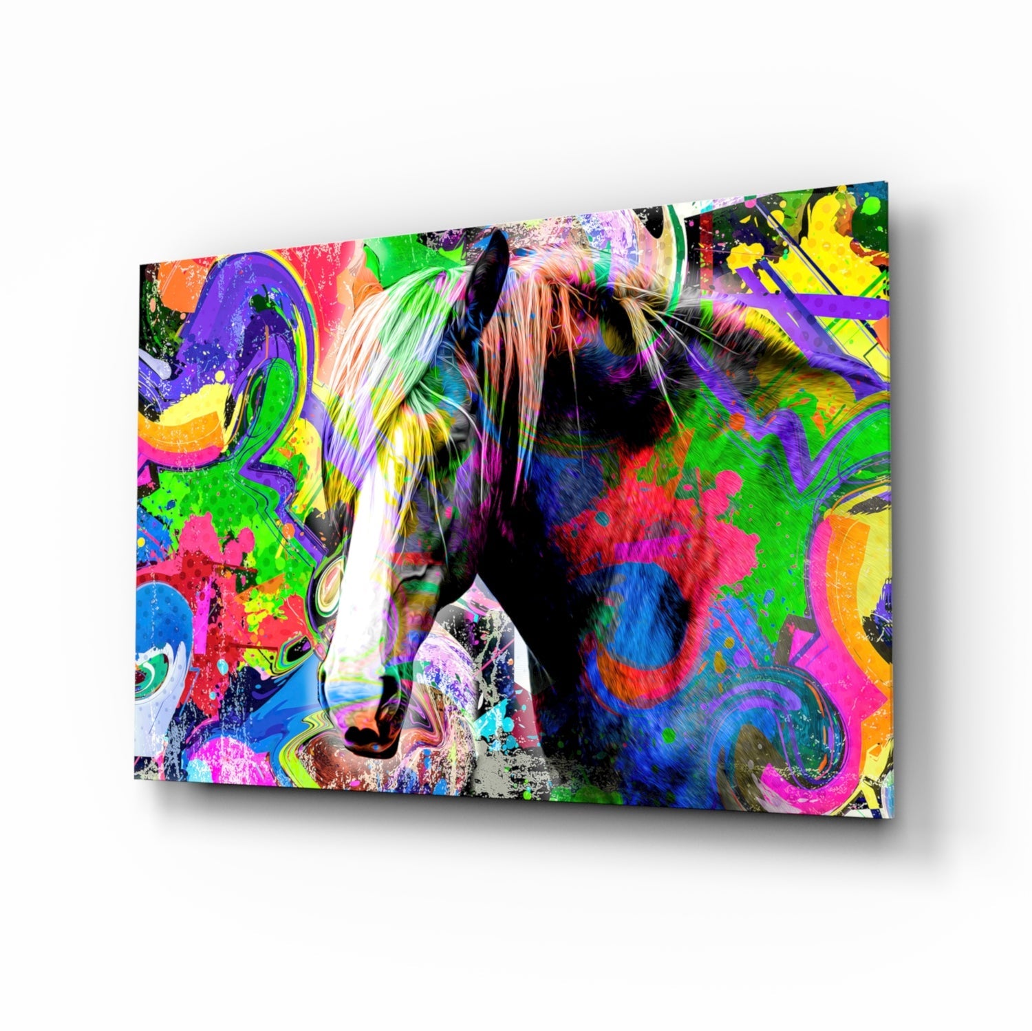 Colorful glass wall art featuring a vibrant horse head with neon paint splatters and abstract swirls in rainbow hues, displayed at an angled perspective.