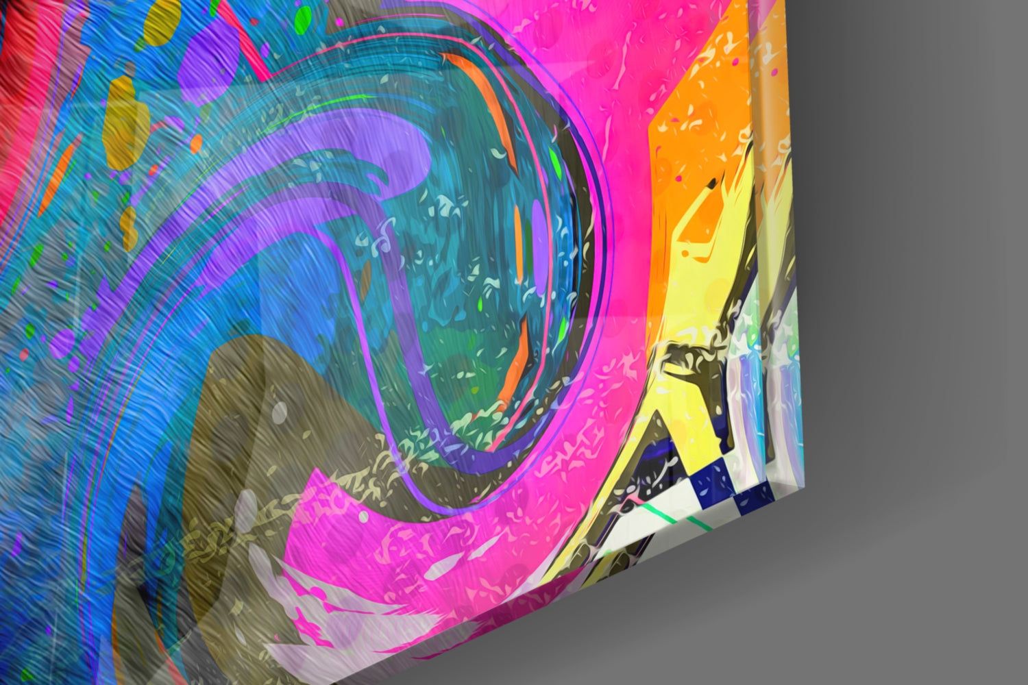 Angled side view of colorful glass wall art featuring vibrant blue, purple, pink, yellow, and green swirling patterns with textured surface detail.