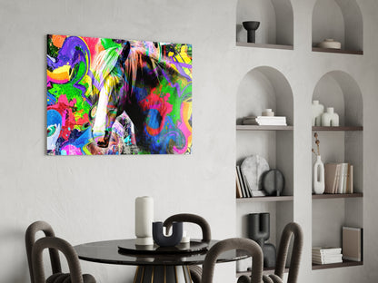 Vibrant multicolored horse glass wall art displayed above a black dining table in a modern interior with white shelving.