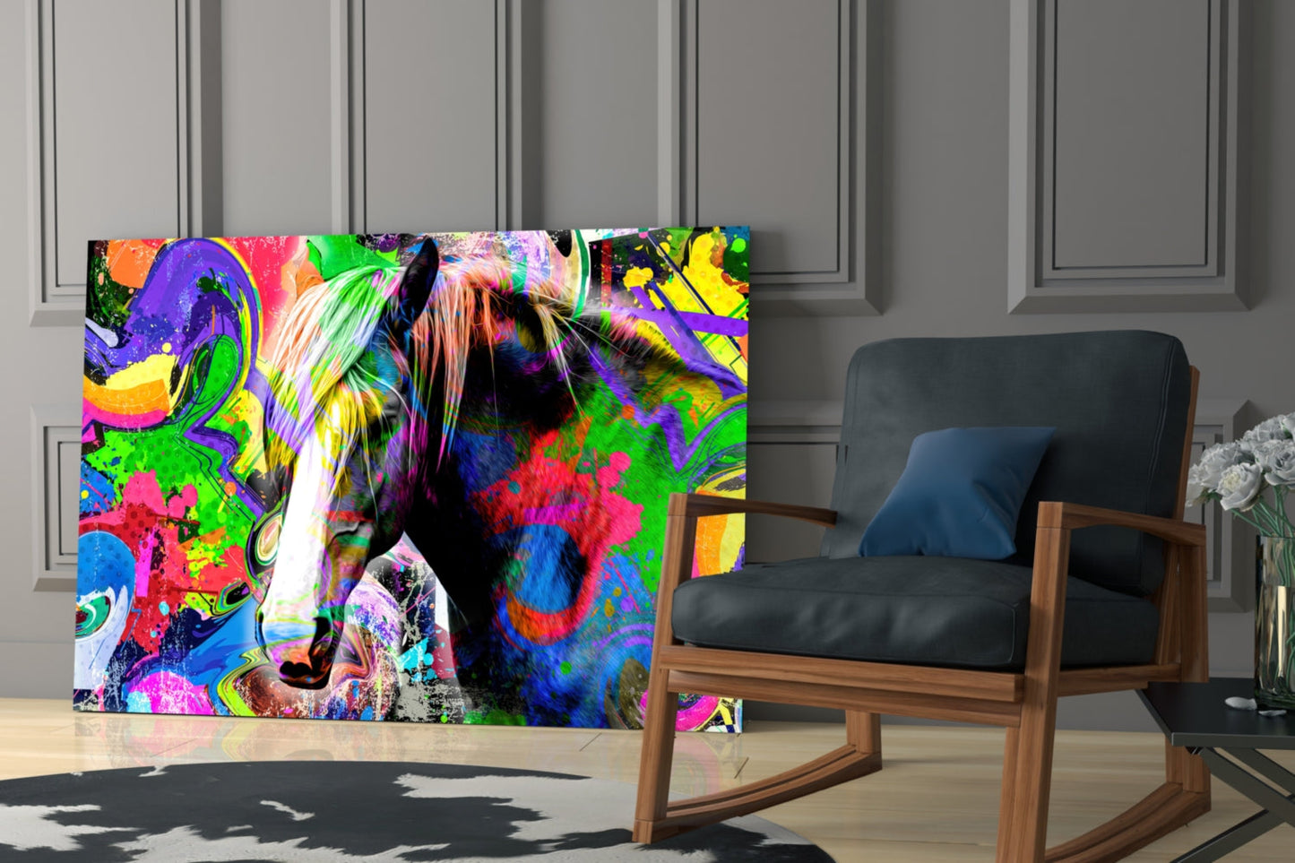 Vibrant multicolored glass wall art depicting an abstract horse head displayed in a modern living room setting beside a wooden chair.