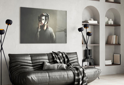 Masks Glass Wall Art displayed above black leather sofa in modern living room with arched shelving and decorative floor lamp.