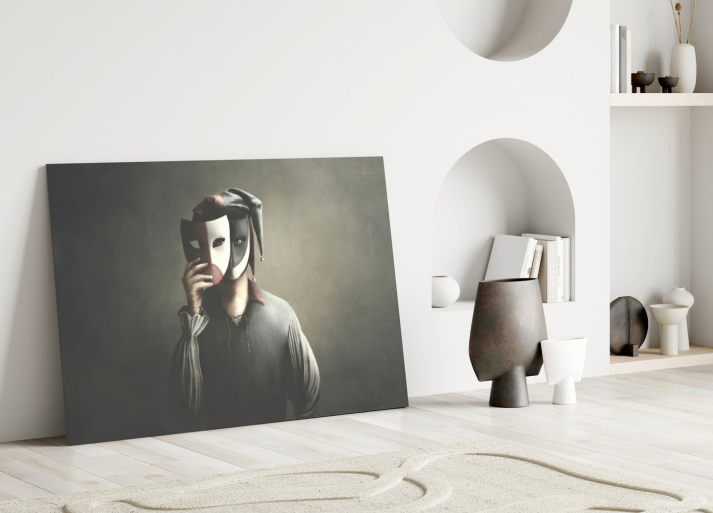 Masks glass wall art leaning against white wall in minimalist interior with shelving and decorative objects.