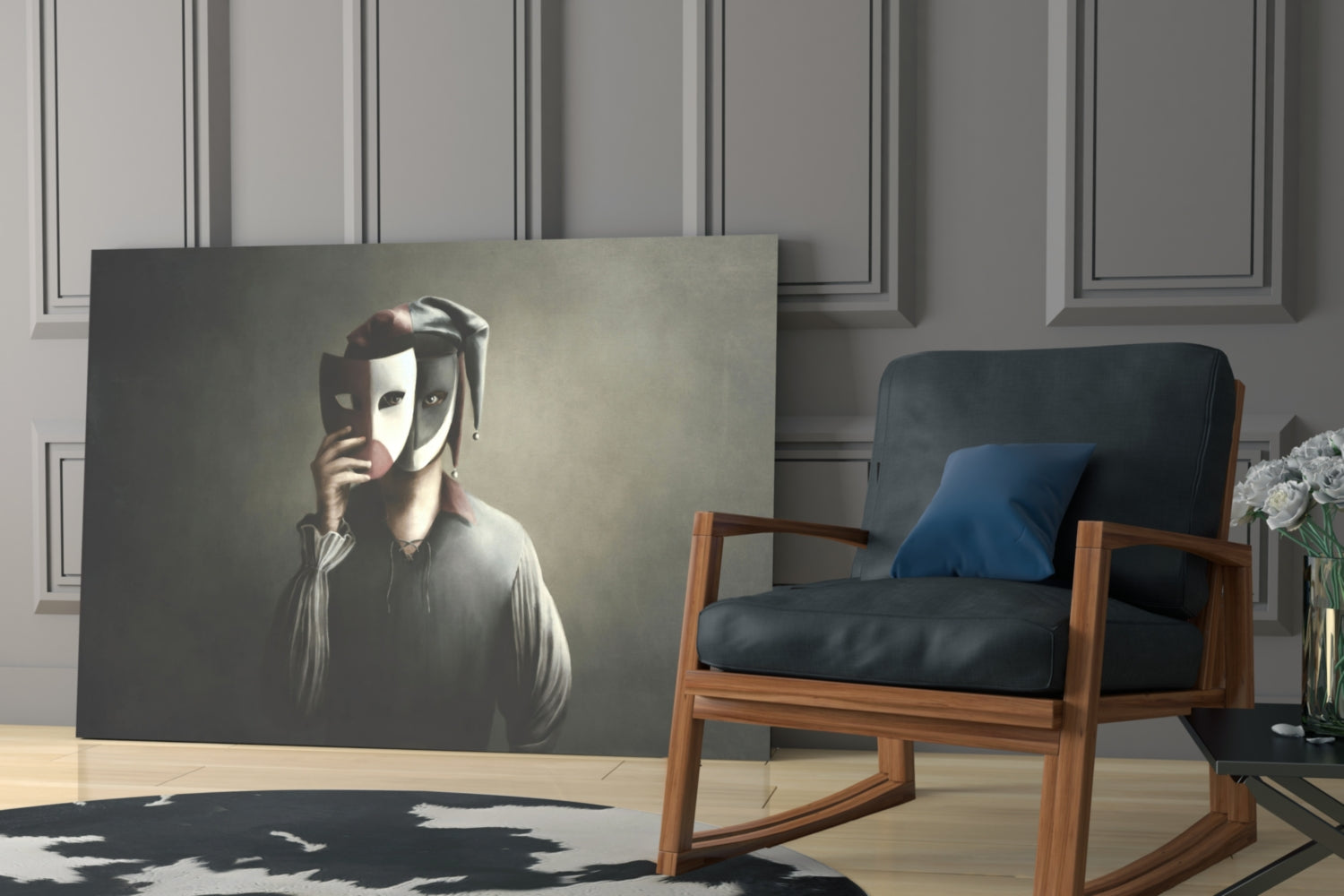 Glass wall art depicting a figure in white clothing holding theatrical masks against a muted background, displayed in a modern interior setting.