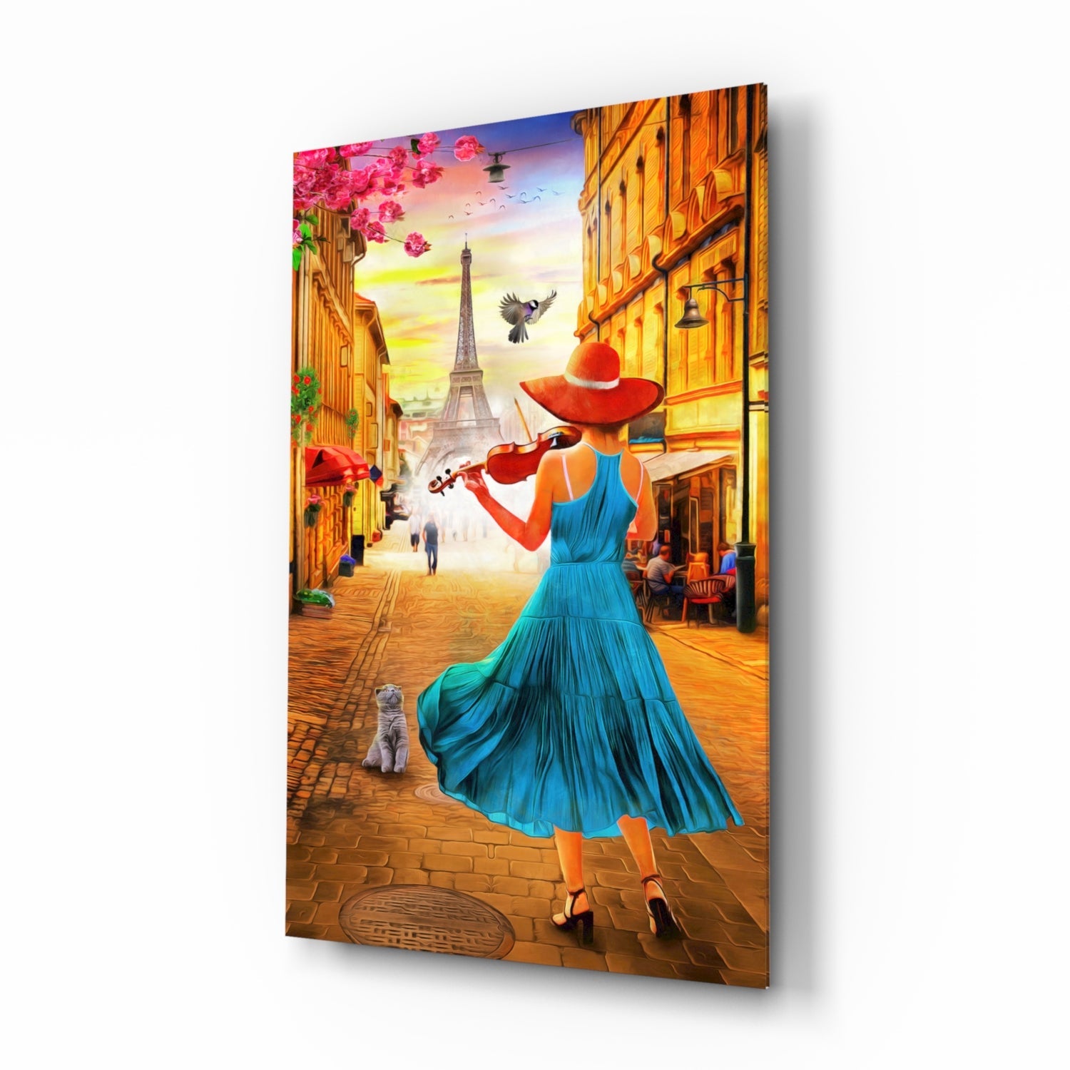 Glass wall art panel showing angled 3D perspective of woman in blue dress playing violin on Paris street with Eiffel Tower at sunset.