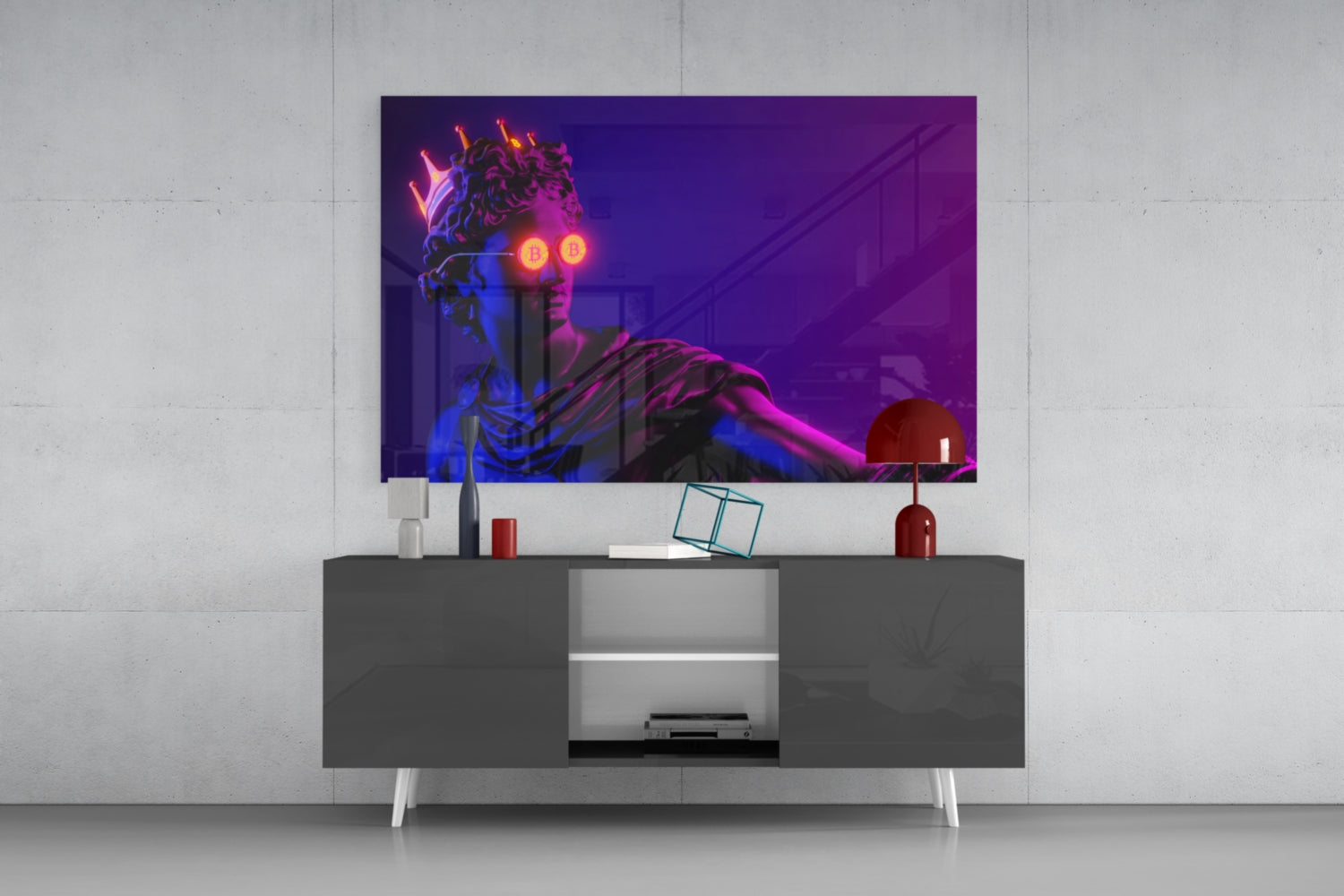 Neon-lit classical bust glass wall art displayed above dark media console in modern living room setting.