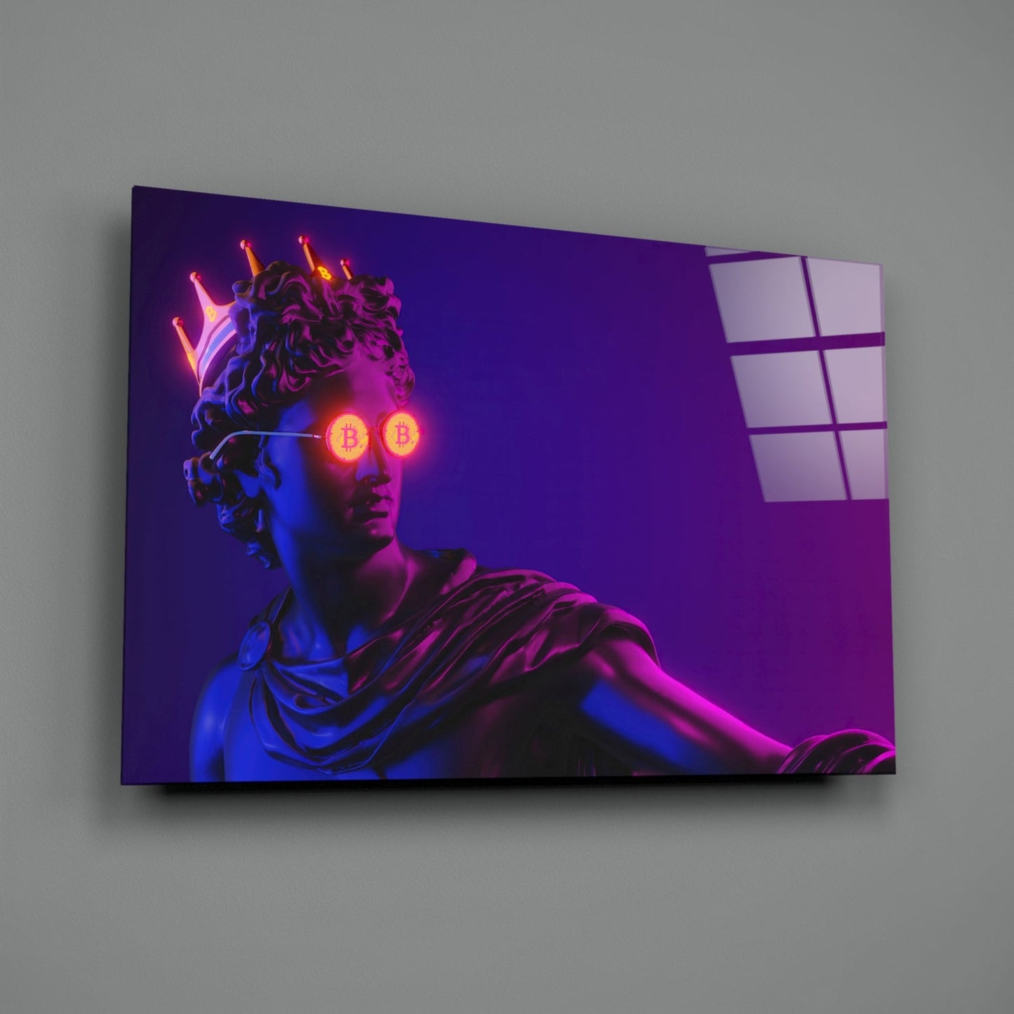 Neon-lit classical statue with glowing bitcoin symbol eyes on purple glass wall art panel, angled view.
