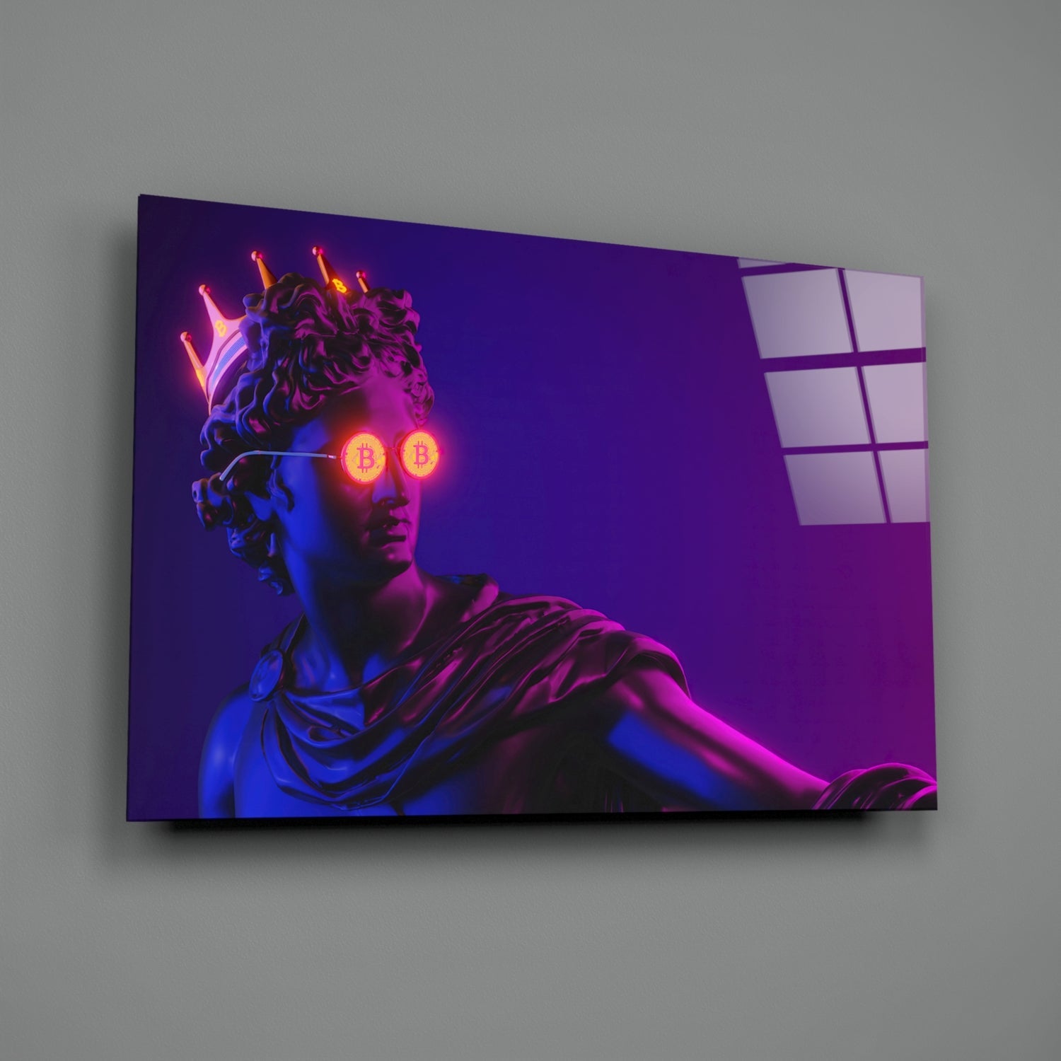 Neon-lit classical statue with glowing bitcoin symbol eyes on purple glass wall art panel, angled view.