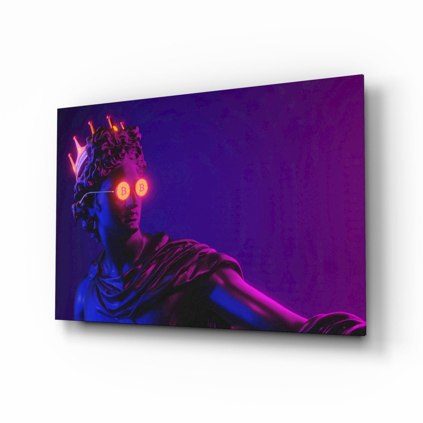 Classical statue bust with neon glowing Bitcoin symbols for eyes against purple and blue gradient background on glass wall art.