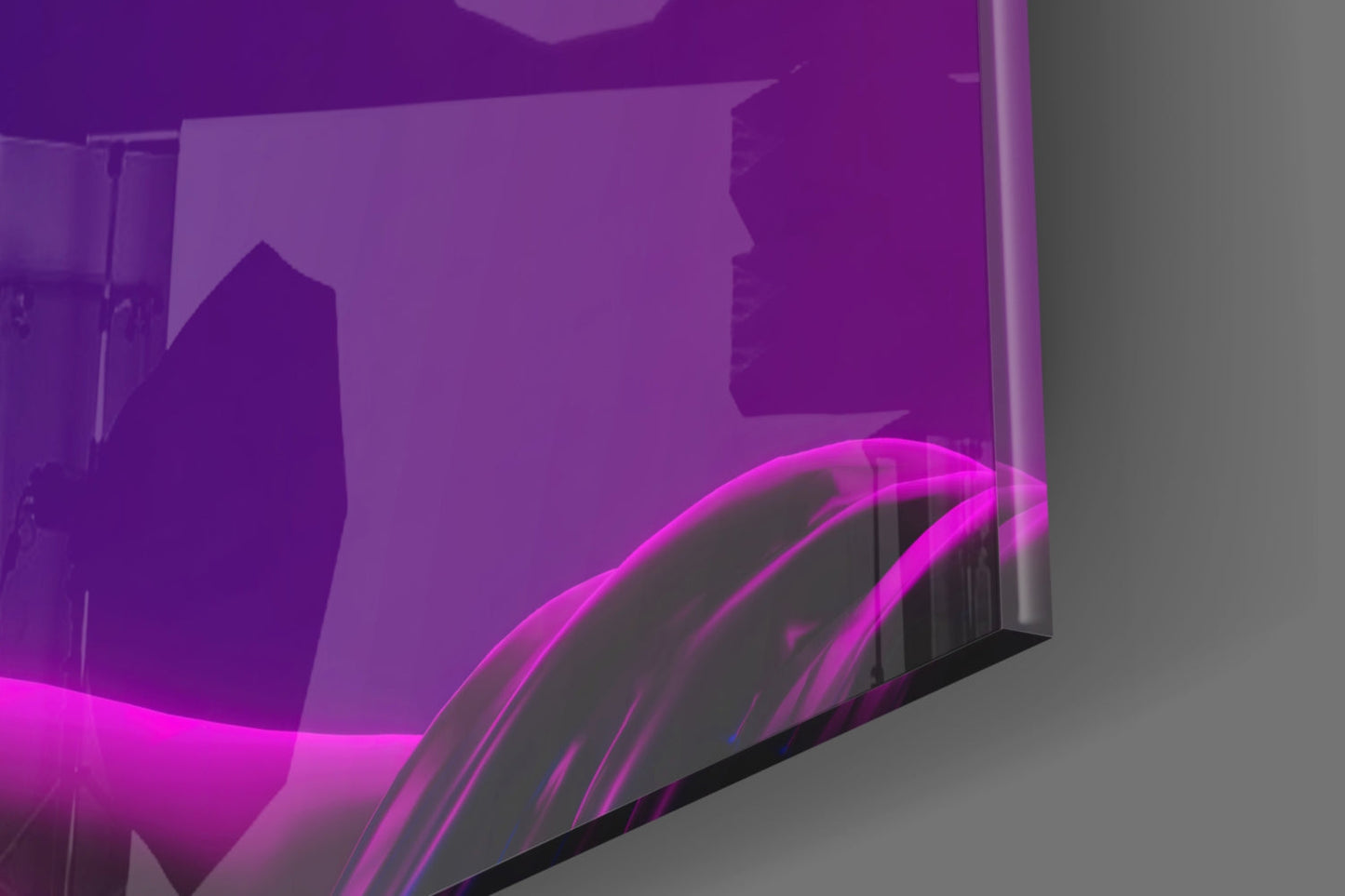 Neon pink illuminated glass wall art sculpture displayed against purple interior lighting, angled perspective view.