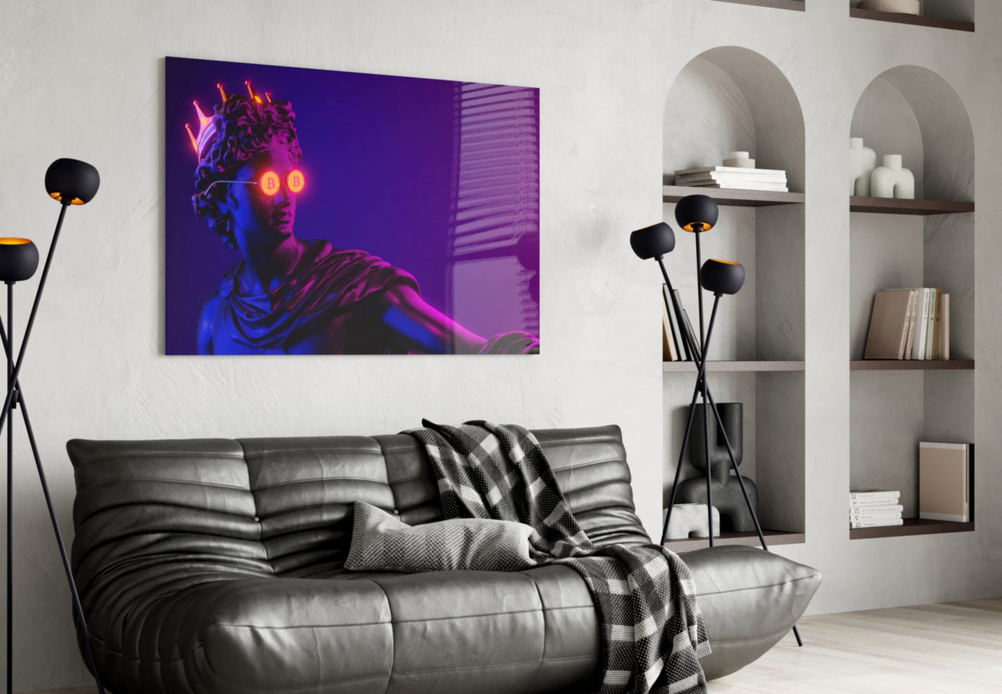 Purple neon glowing statue glass wall art displayed above black leather sofa in modern living room interior.