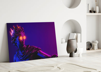 Neon-lit classical statue with glowing bitcoin symbol eyes on purple gradient background displayed in minimalist room setting.