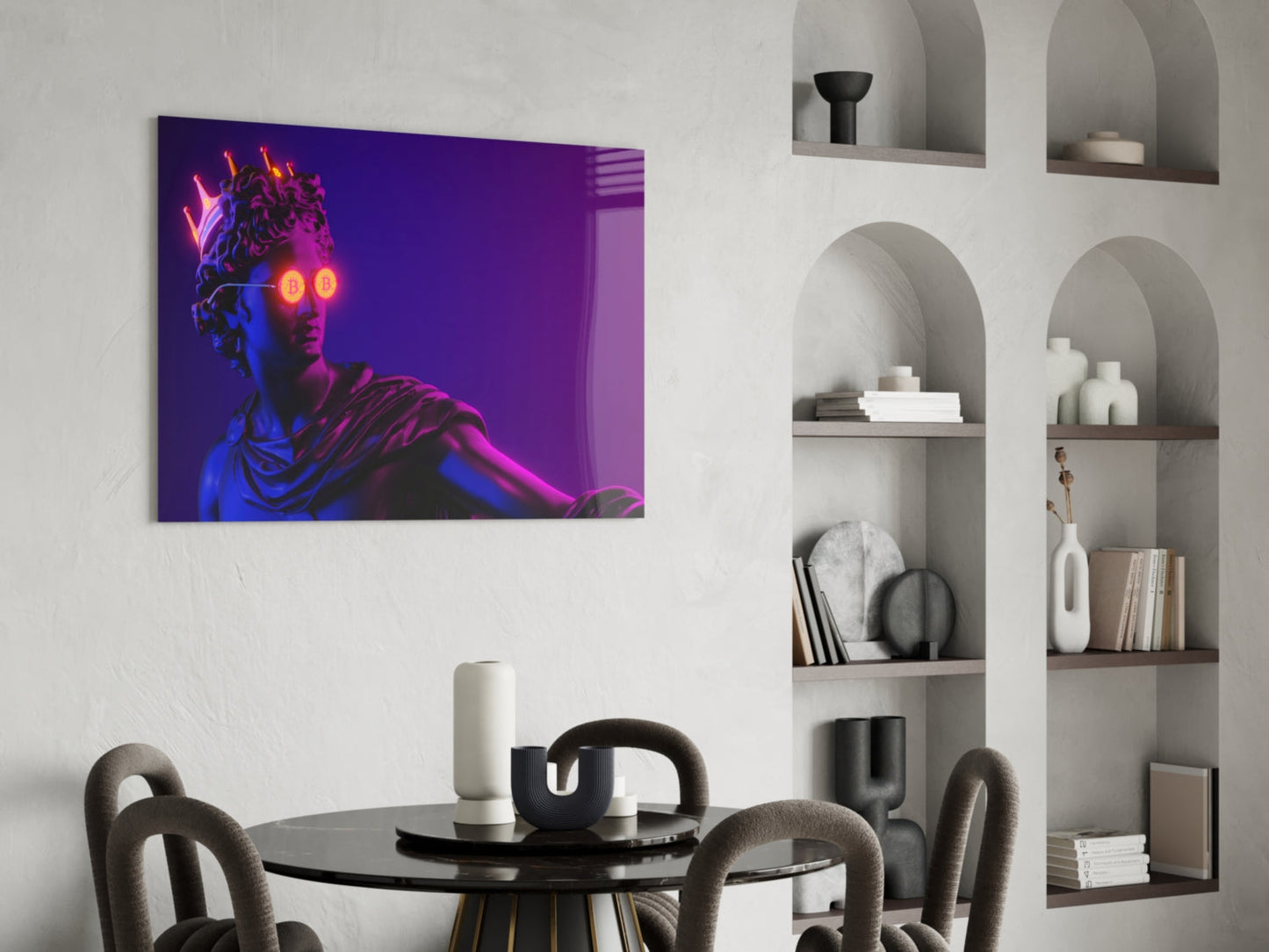 Neon-lit classical statue portrait with glowing orange eyes on purple background, displayed above modern dining table.