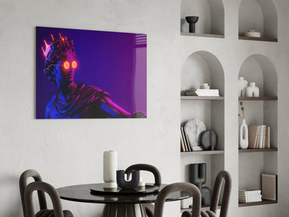 Neon-lit classical statue portrait with glowing orange eyes on purple background, displayed above modern dining table.