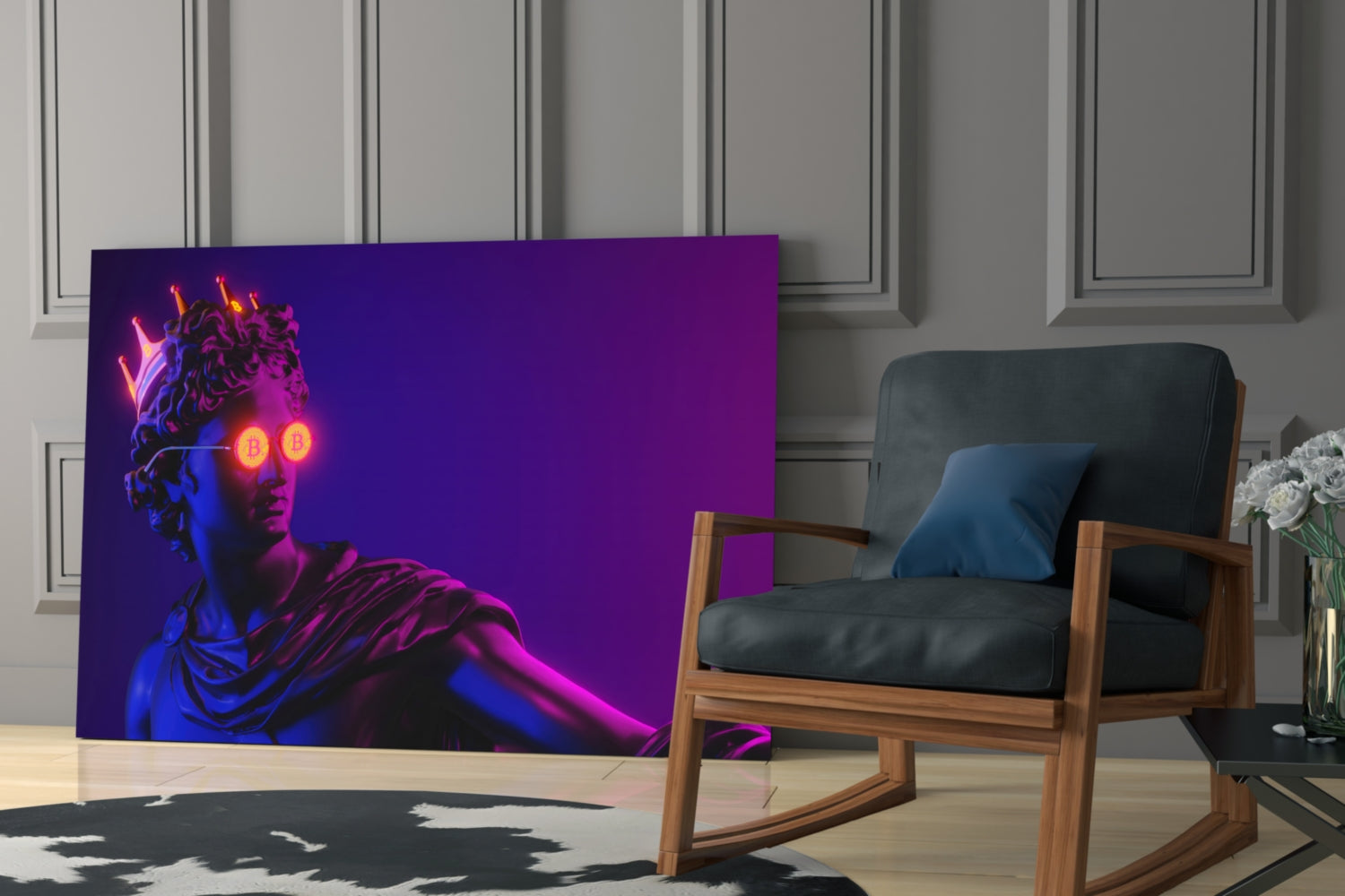 Neon-lit classical statue glass art panel with glowing yellow eyes displayed in modern living room beside wooden chair.