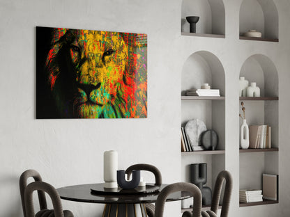 Vibrant multicolored lion portrait glass art hanging above black dining table in modern interior with white shelving.