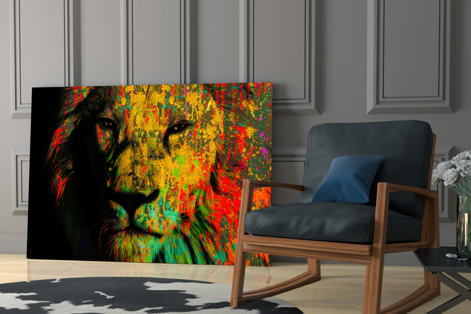 Colorful lion head glass art displayed on stand in modern living room with wooden chair and paneled wall backdrop.