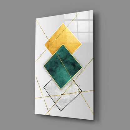 Gold and Emerald Diamond Geometry Glass Wall Art
