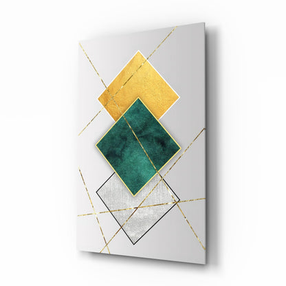 Gold and Emerald Diamond Geometry Glass Wall Art