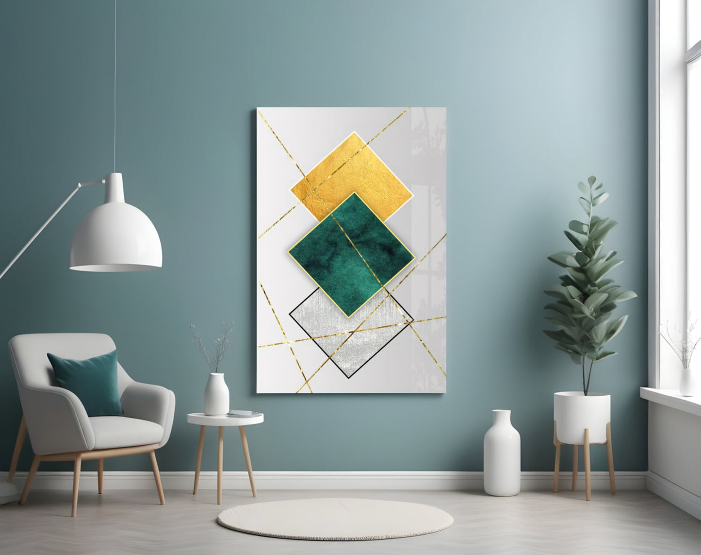 Gold and Emerald Diamond Geometry Glass Wall Art