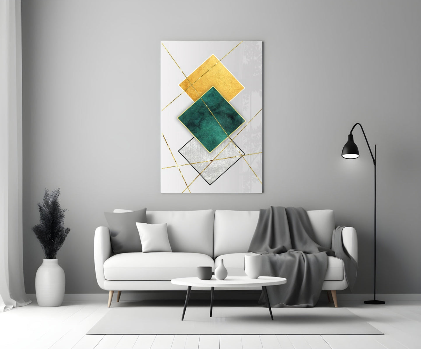 Gold and Emerald Diamond Geometry Glass Wall Art