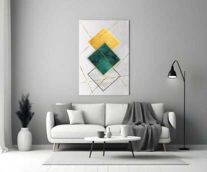 Gold and Emerald Diamond Geometry Glass Wall Art