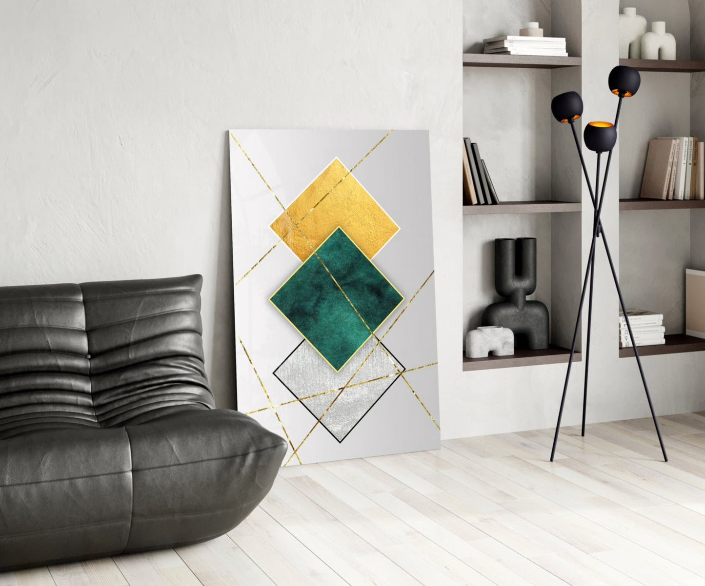 Gold and Emerald Diamond Geometry Glass Wall Art